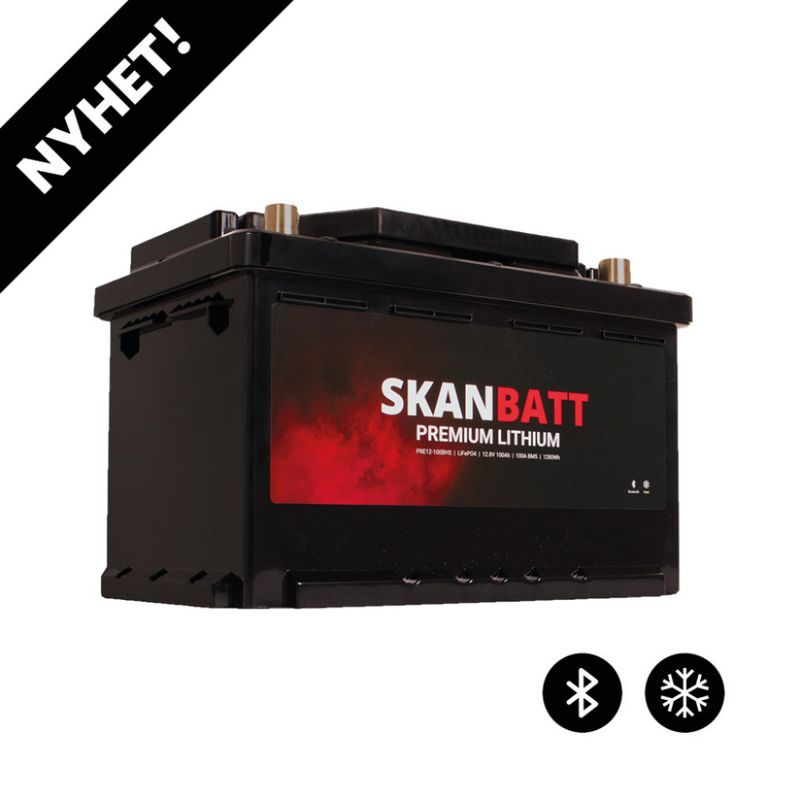 SKANBATT Premium Lithium - 12V 100Ah 100A BMS - 280x178x188mm - Bluetooth - Heat - 8 Års garanti