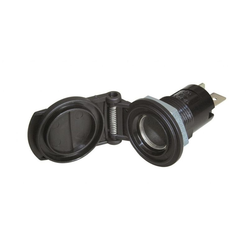 DIN 12/24V uttak for innfelling m/lokk med fjær 16A 12-24V sort